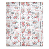 Pink Gray Personalized Baby Girl Name Blanket, Floral Elephant Girl Blanket